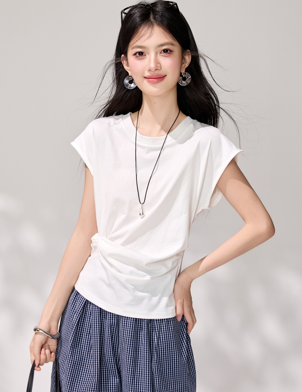 Round neck boats sleeve T-shirt Korean style pure tops