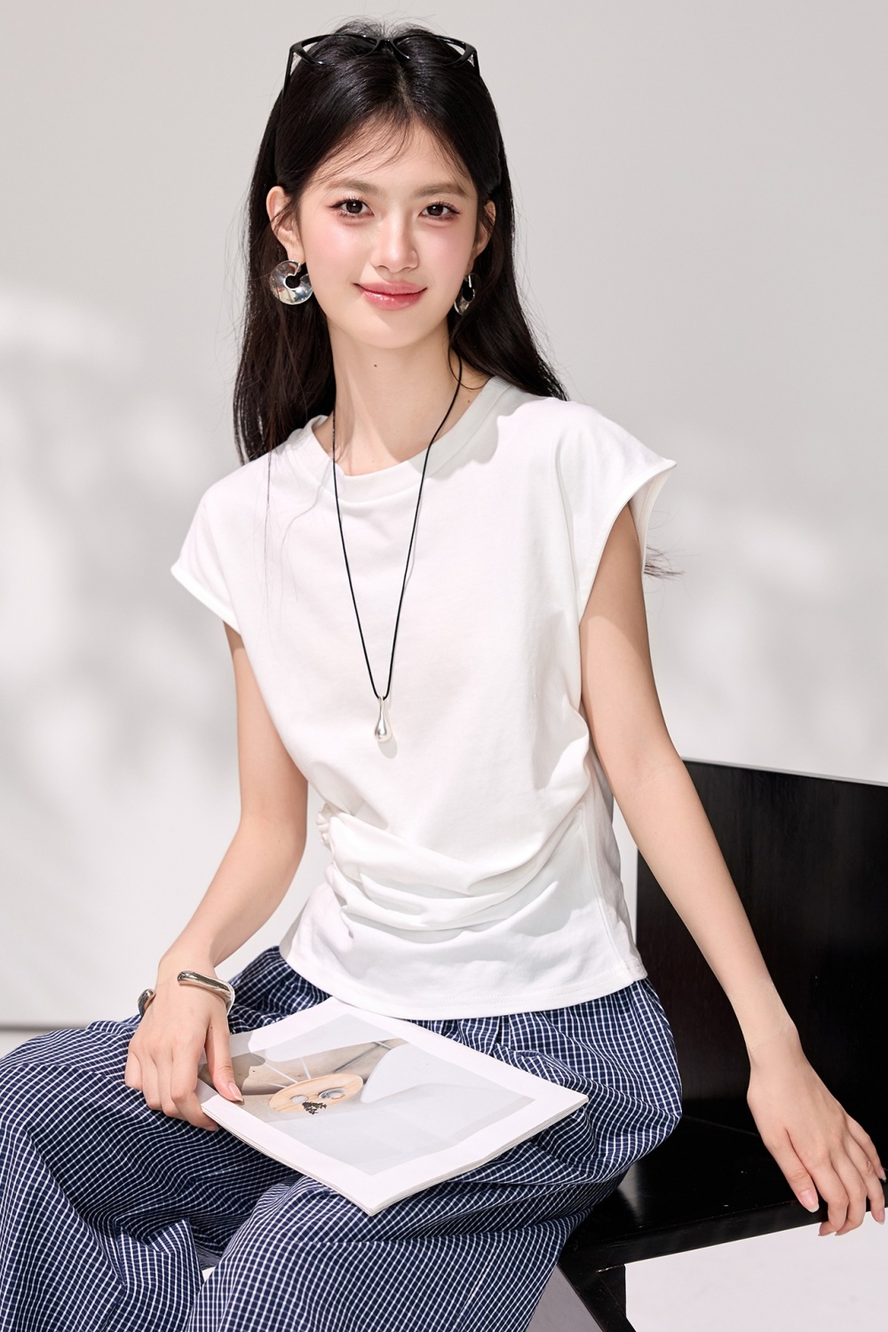 Round neck boats sleeve T-shirt Korean style pure tops