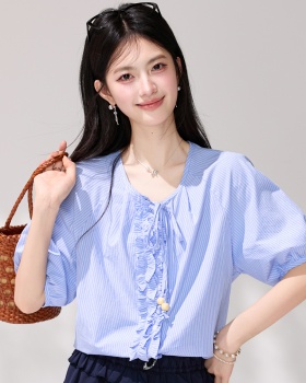 France style blue shirt V-neck frenum tops for women