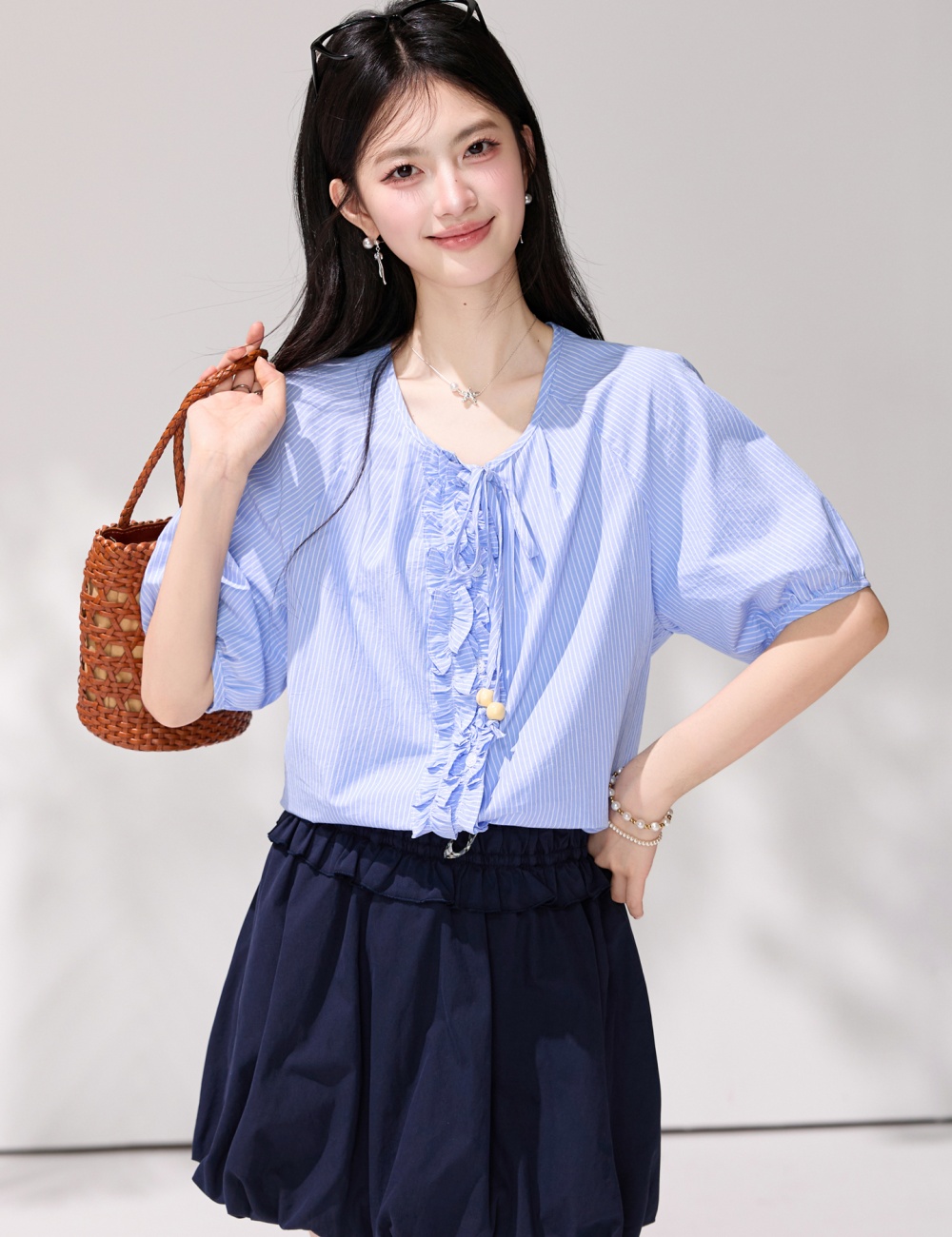 France style blue shirt V-neck frenum tops for women