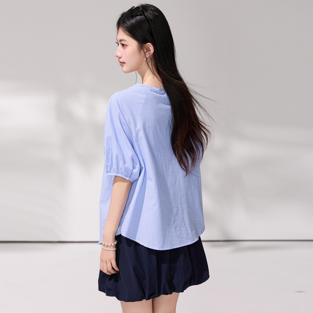 France style blue shirt V-neck frenum tops for women