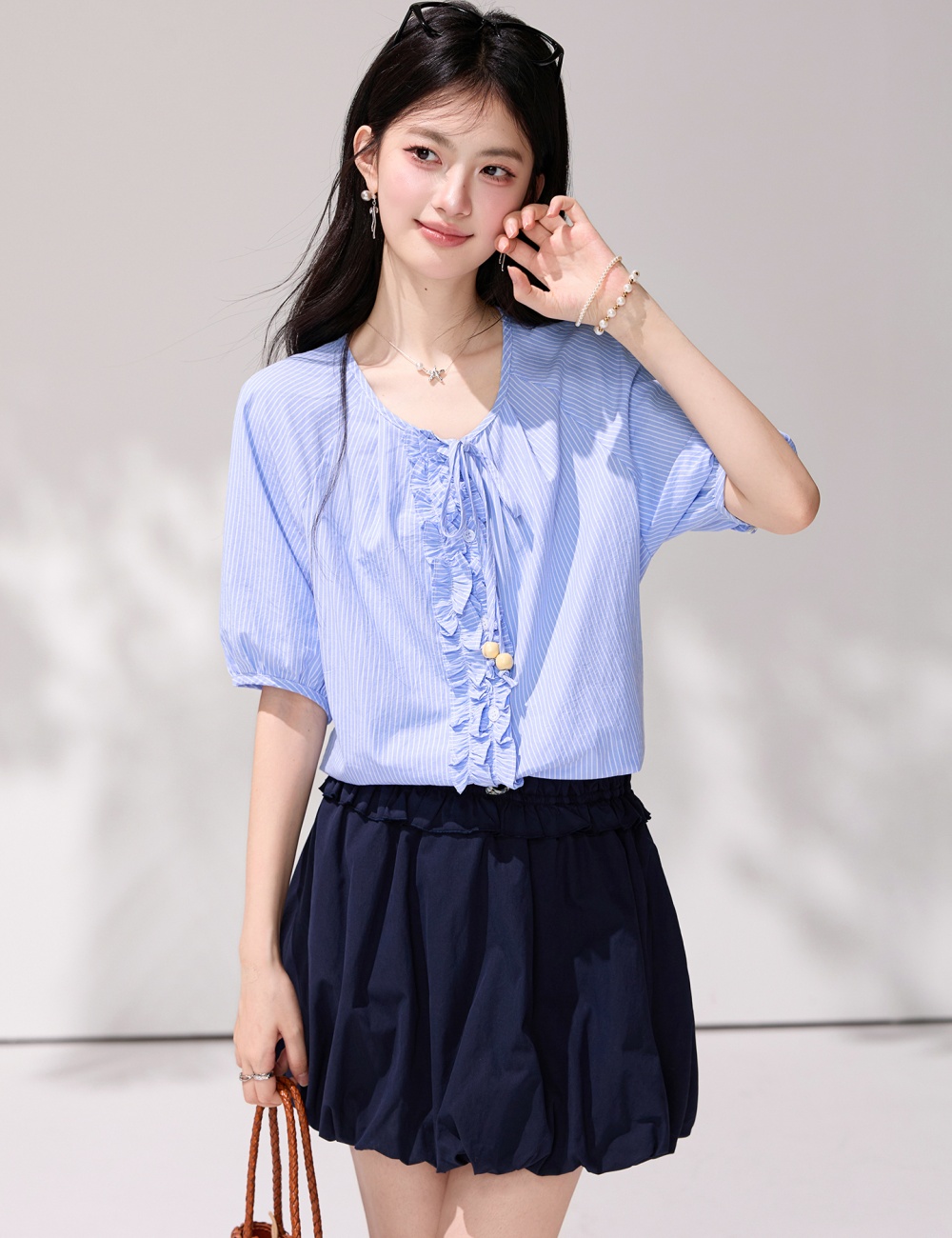 France style blue shirt V-neck frenum tops for women