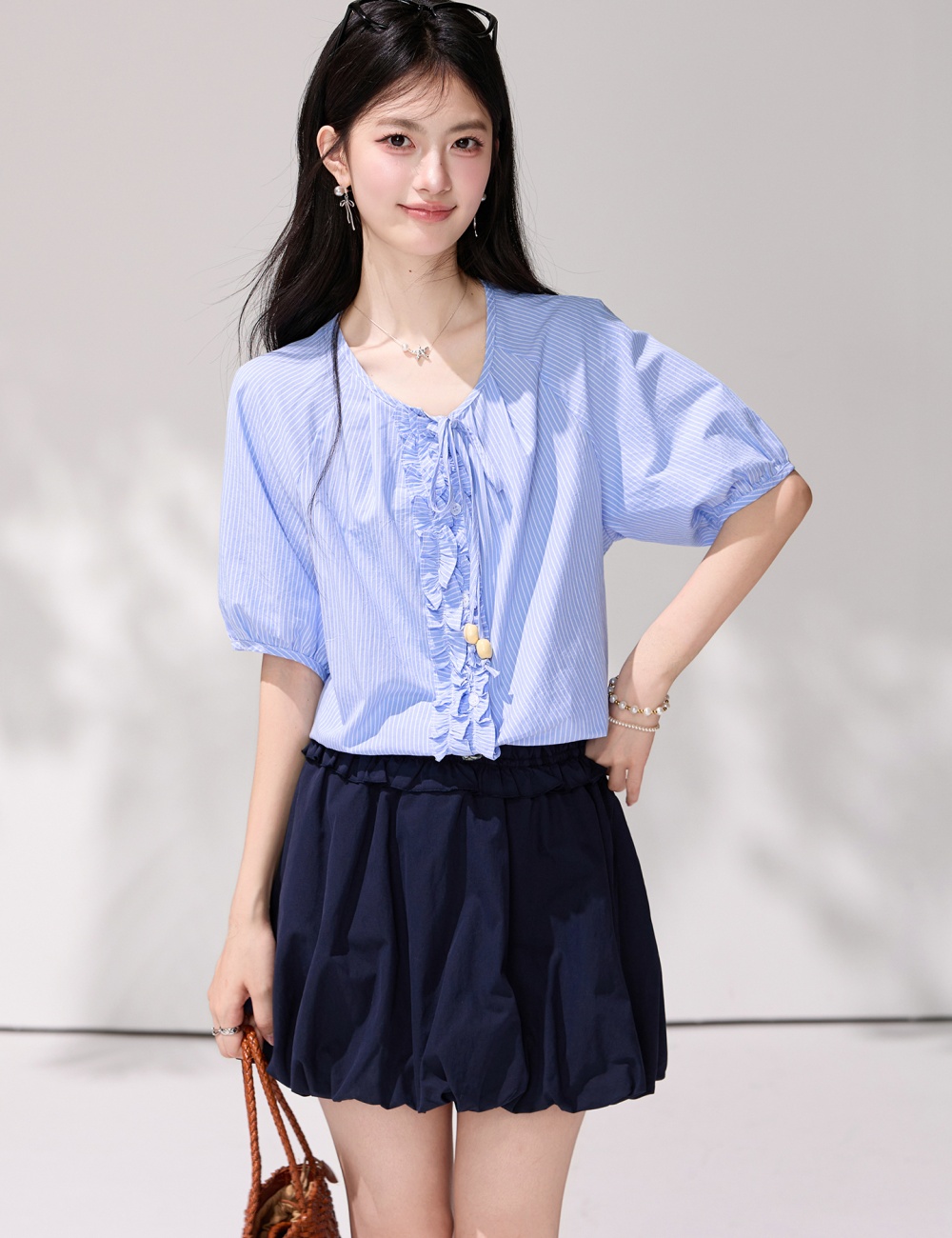France style blue shirt V-neck frenum tops for women