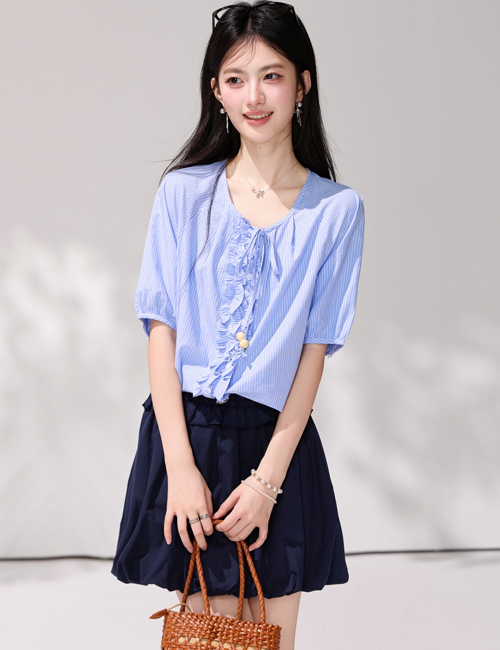 France style blue shirt V-neck frenum tops for women