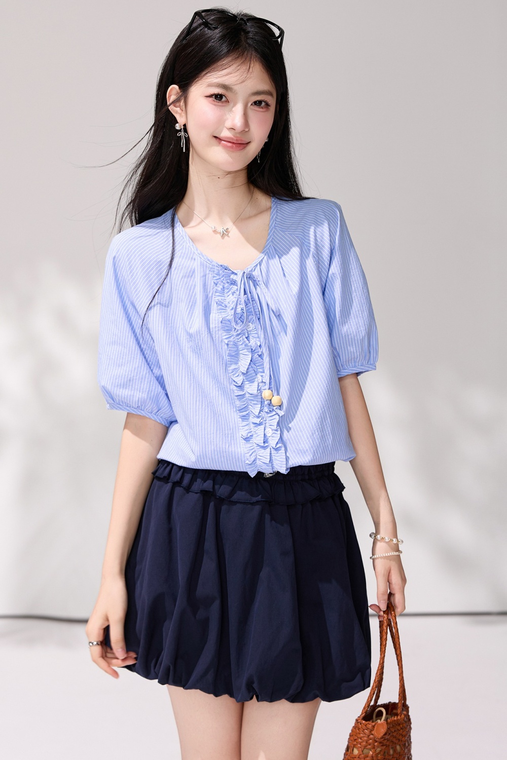 France style blue shirt V-neck frenum tops for women