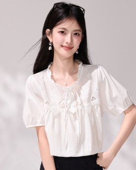 Frenum hollow embroidery shirt puff sleeve white tops