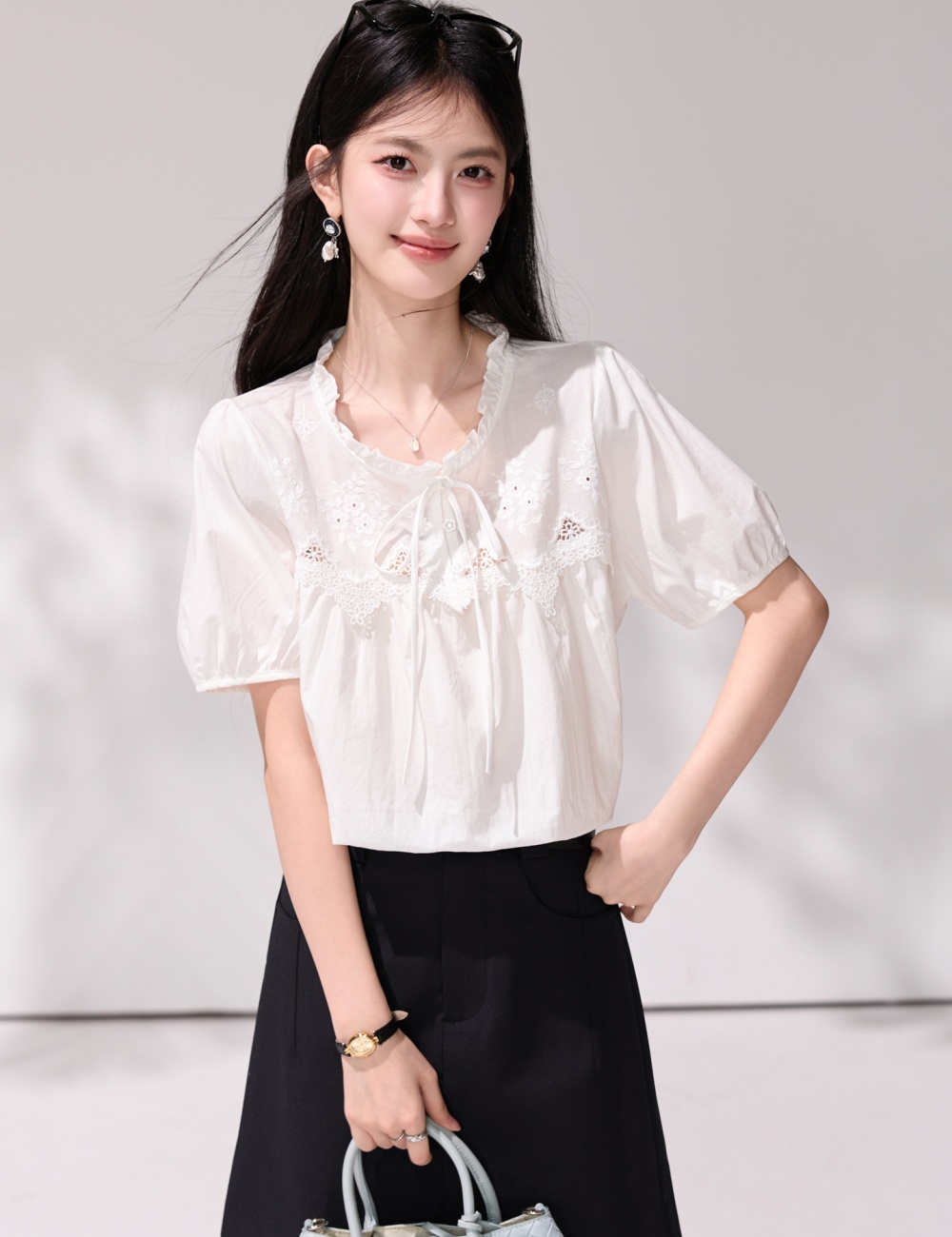 Frenum hollow embroidery shirt puff sleeve white tops
