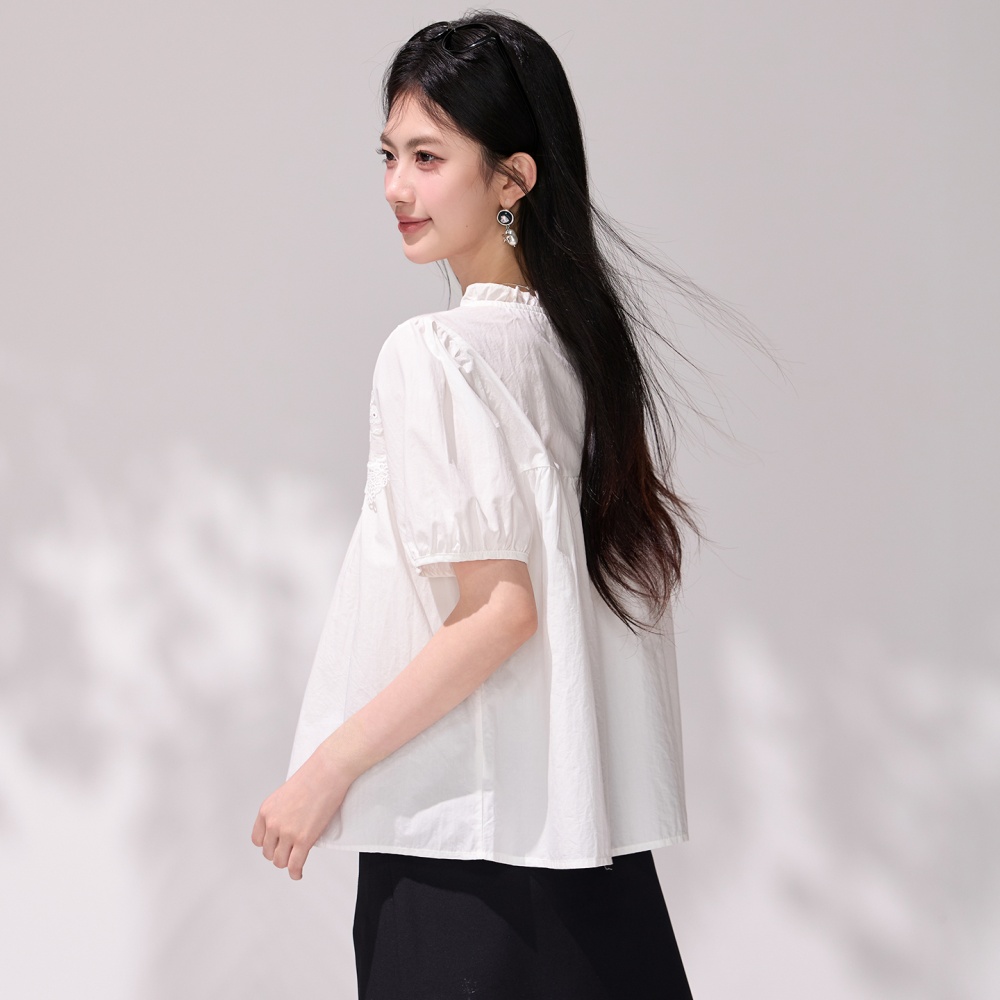 Frenum hollow embroidery shirt puff sleeve white tops