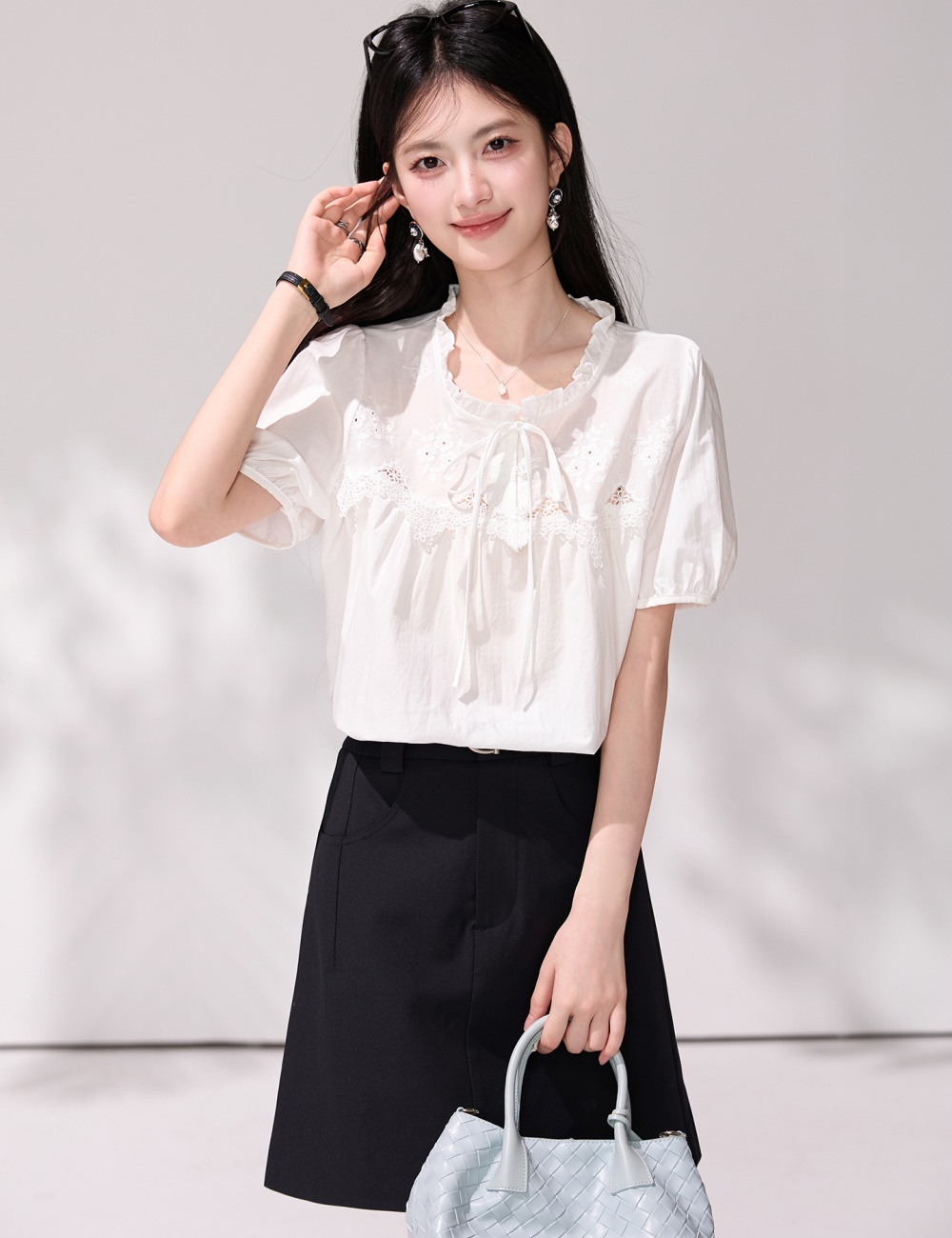 Frenum hollow embroidery shirt puff sleeve white tops