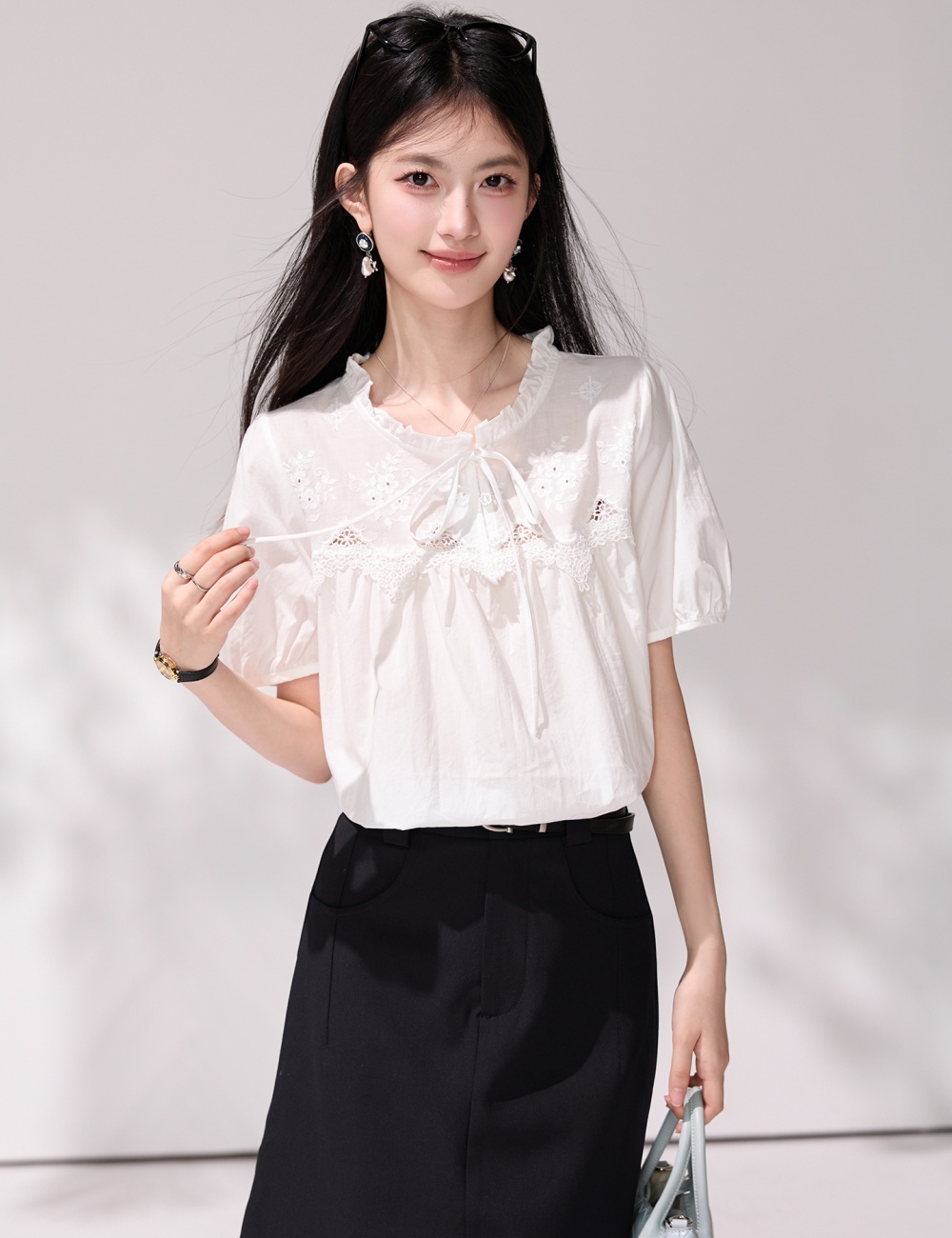 Frenum hollow embroidery shirt puff sleeve white tops