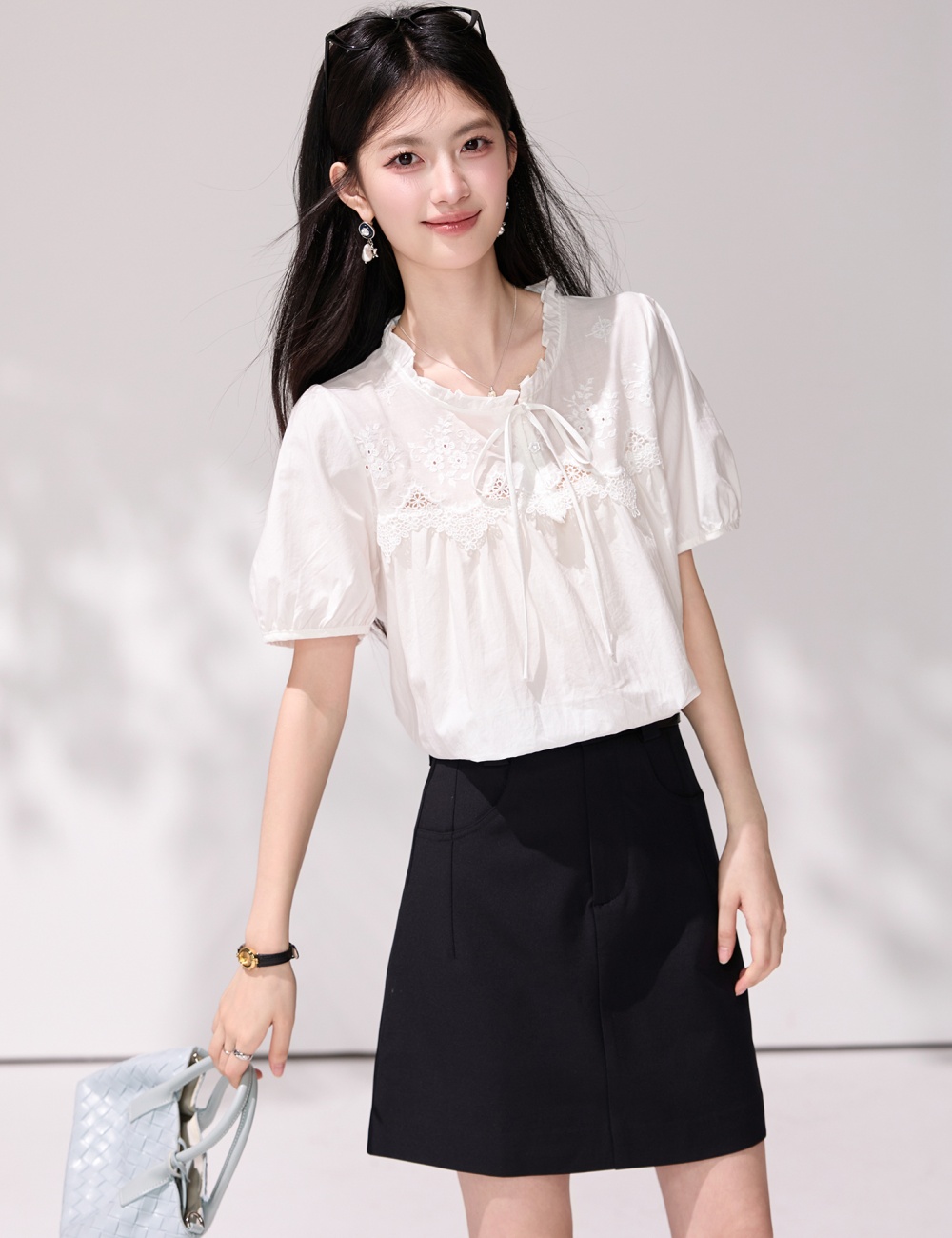 Frenum hollow embroidery shirt puff sleeve white tops