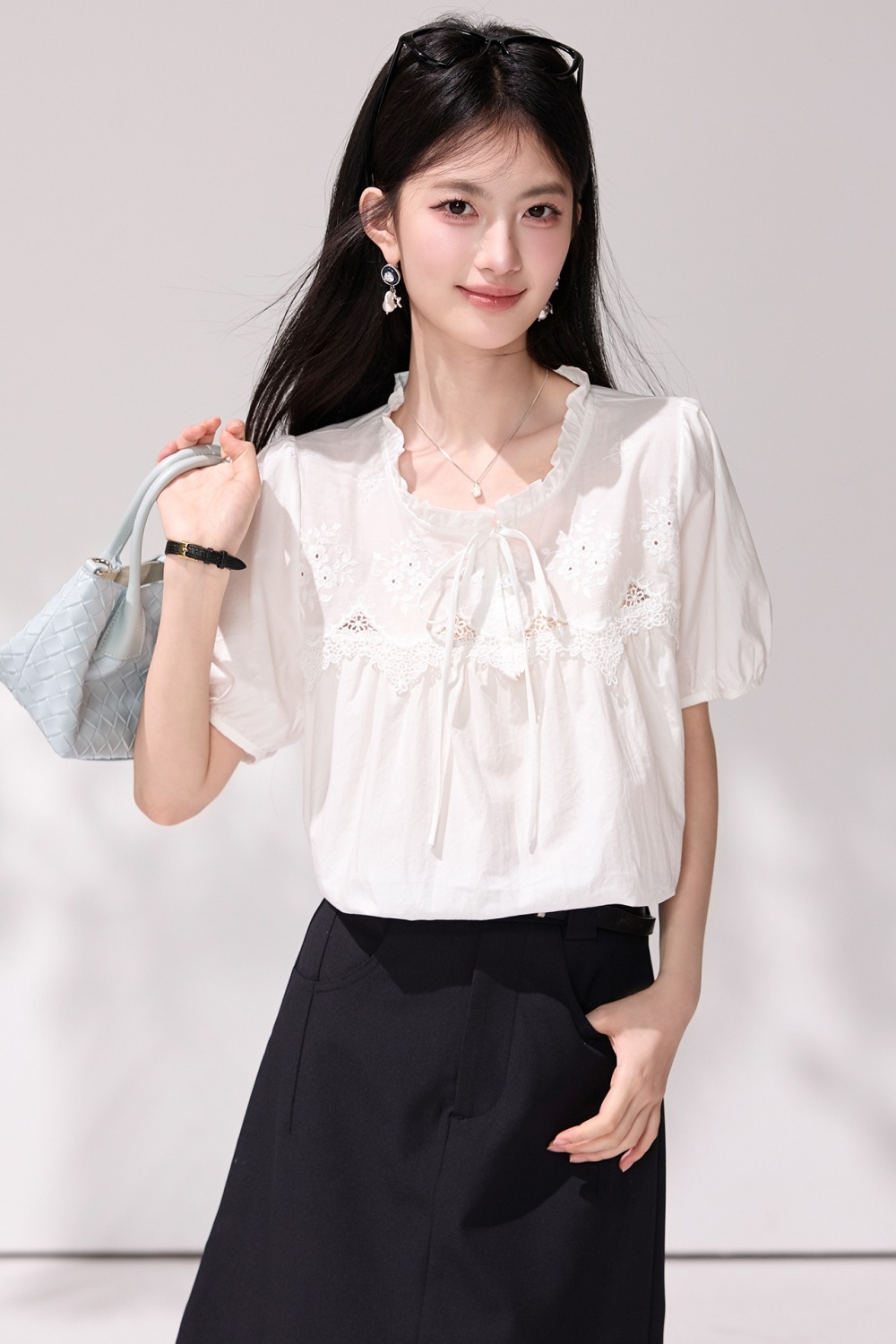 Frenum hollow embroidery shirt puff sleeve white tops