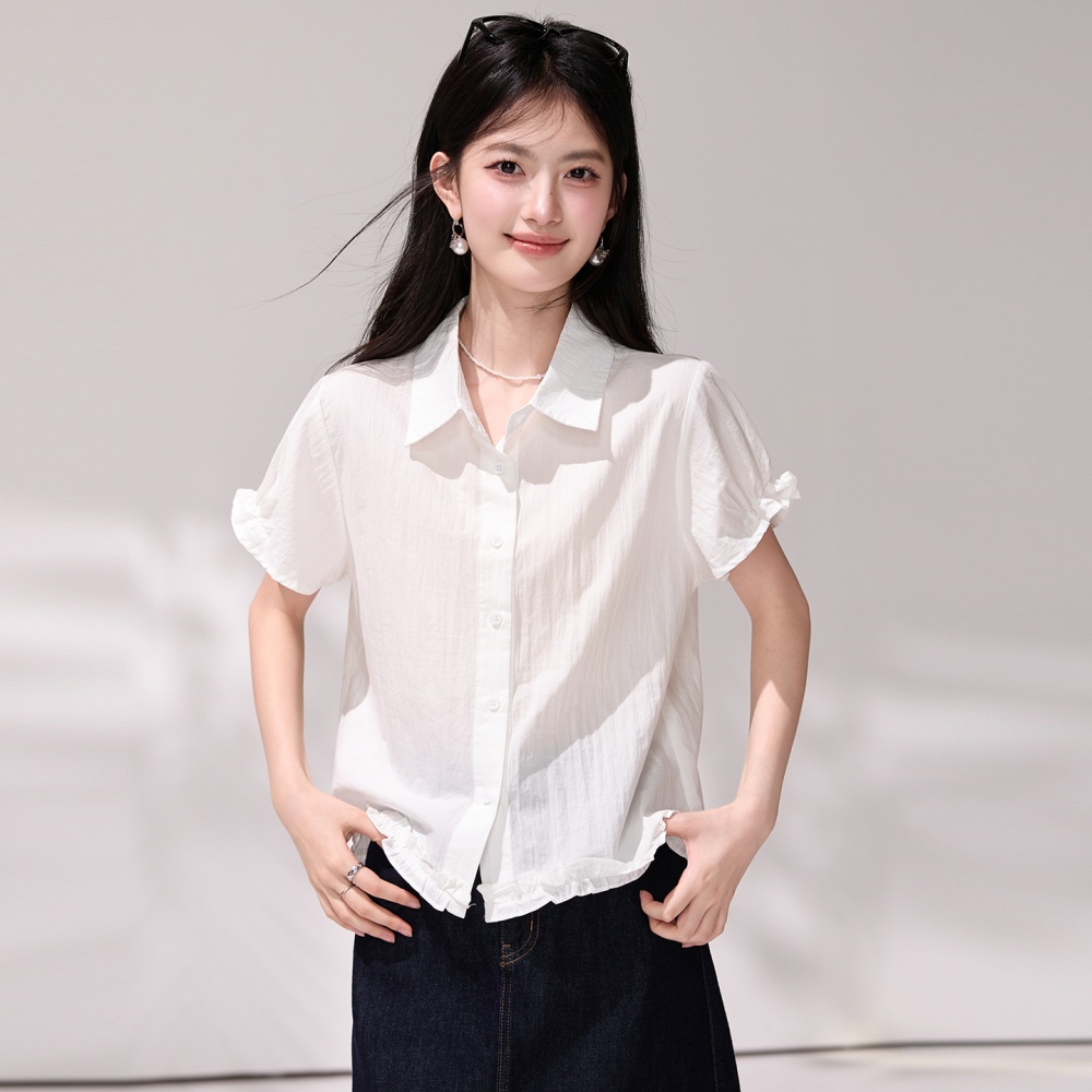 Short sleeve puff sleeve slim wood ear hem shirt