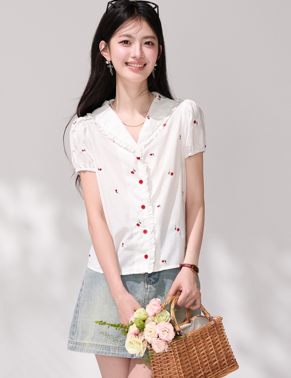 Summer white commuting tender doll collar puff sleeve shirt