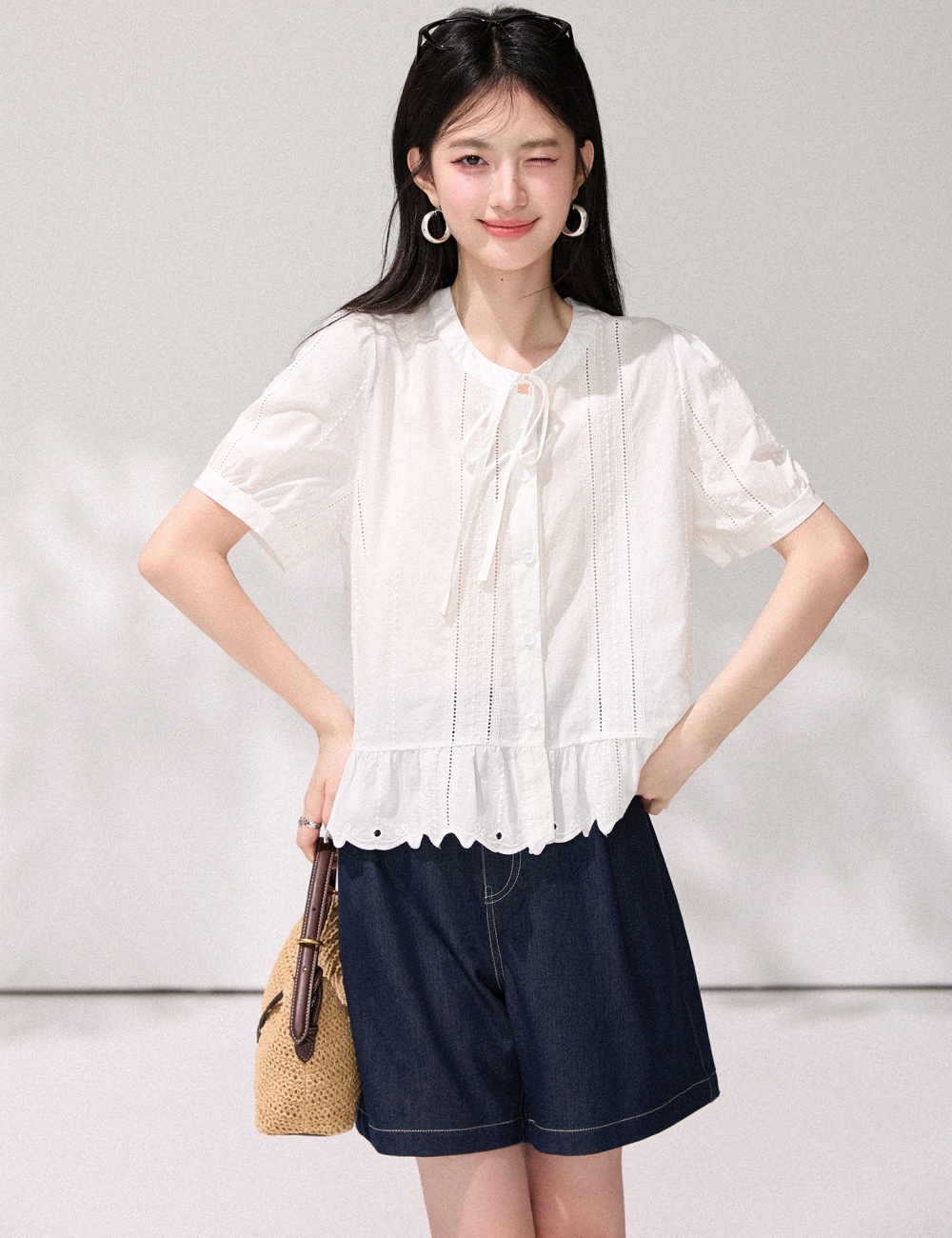 White loose frenum tops slim Korean style summer shirt