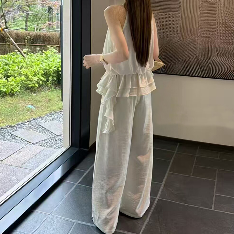 European style tops fashion wide leg pants 2pcs set for women