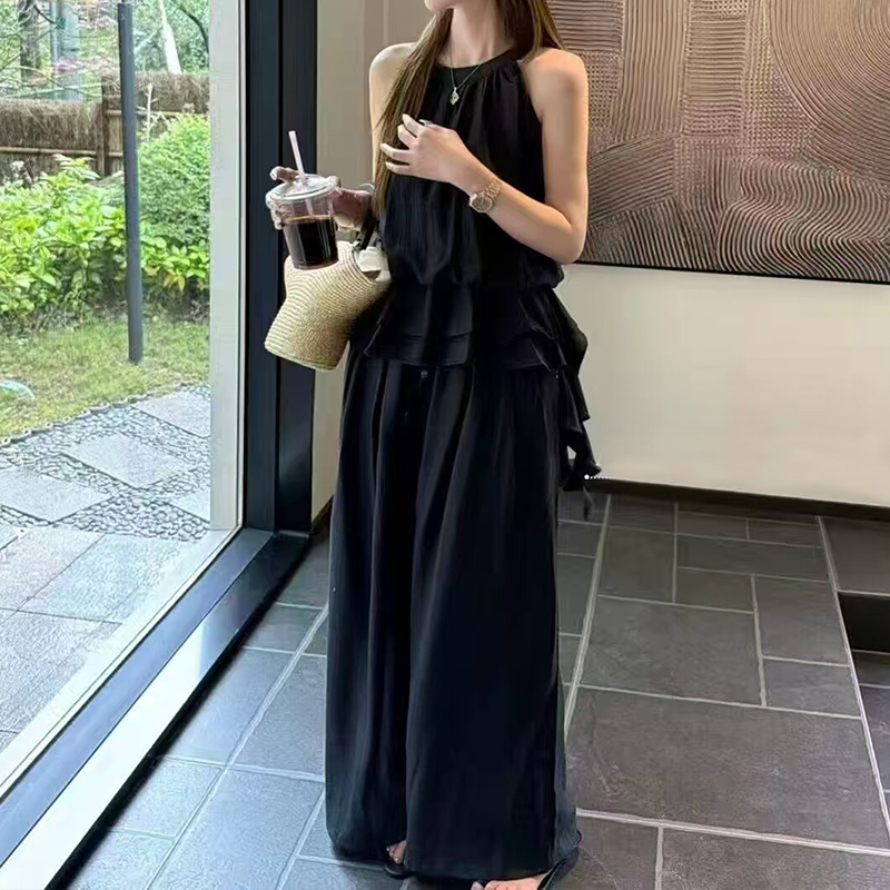 European style tops fashion wide leg pants 2pcs set for women