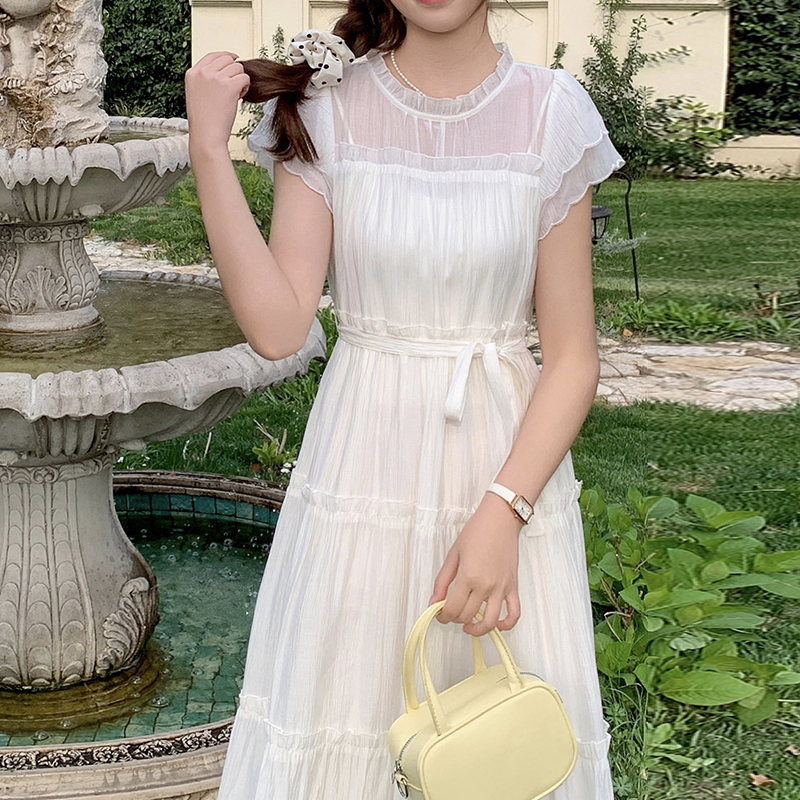 Frenum slim pinched waist wood ear summer dress for women