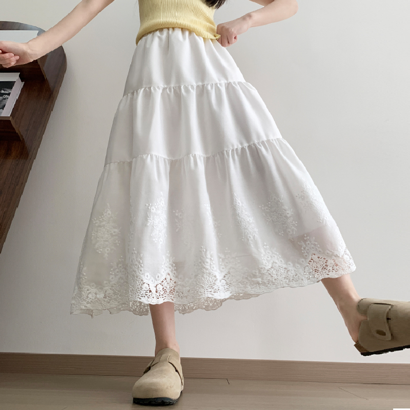 Lace A-line hollow long skirt temperament high waist skirt