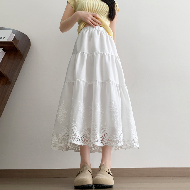 Lace A-line hollow long skirt temperament high waist skirt