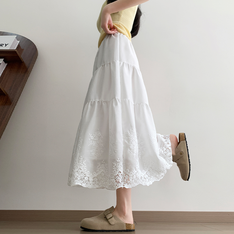 Lace A-line hollow long skirt temperament high waist skirt