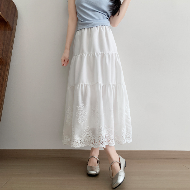 Lace A-line hollow long skirt temperament high waist skirt