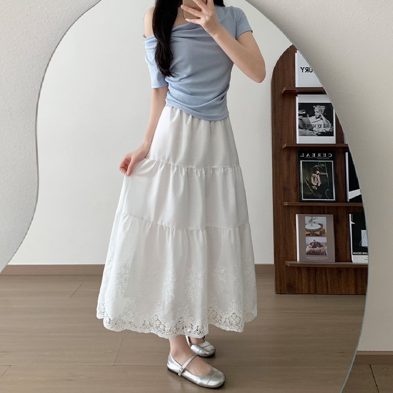 Lace A-line hollow long skirt temperament high waist skirt