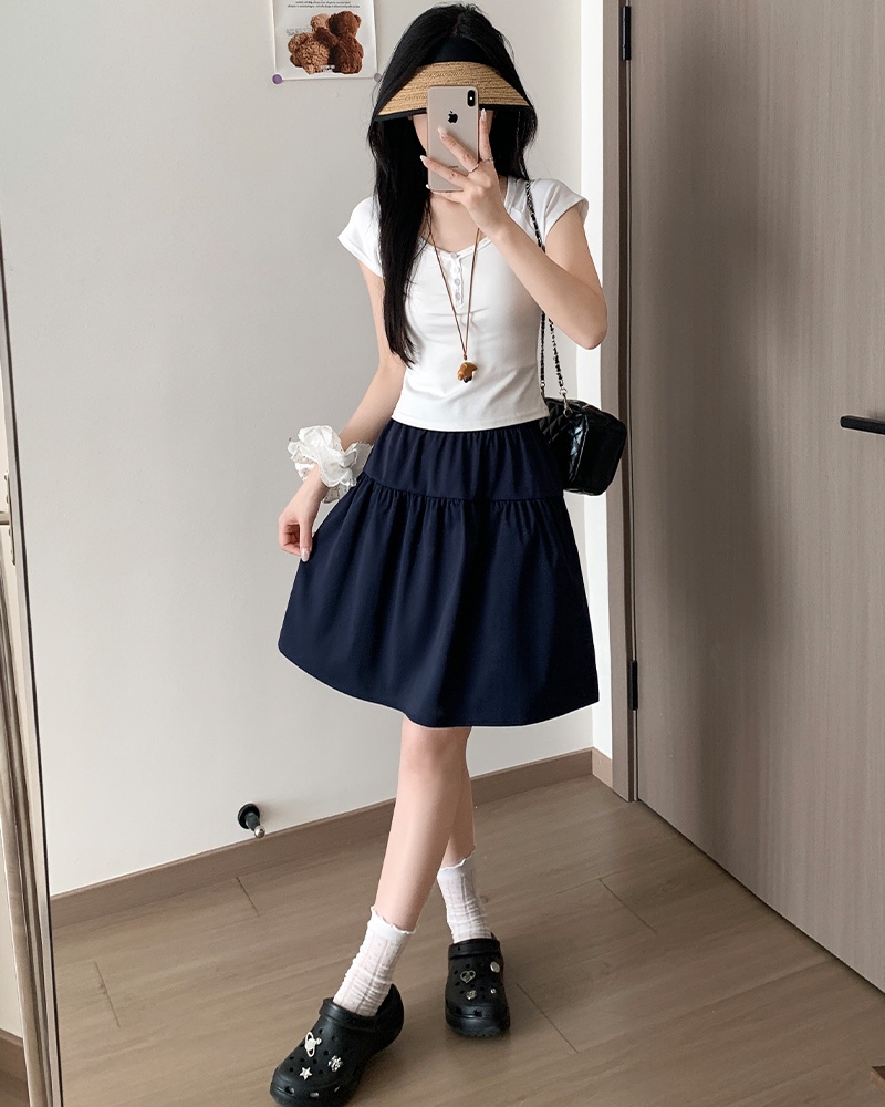College style slim A-line navy-blue summer skirt for women
