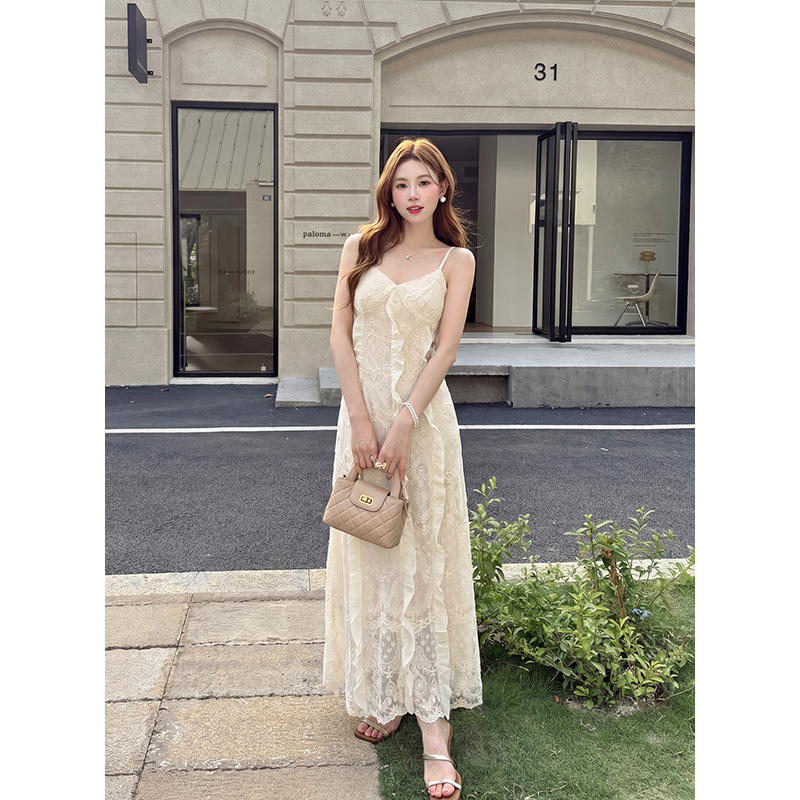 Sling pure summer lace hollow elegant dress for women