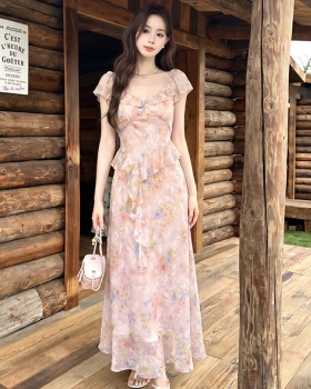 Short sleeve floral chiffon romantic dress for women