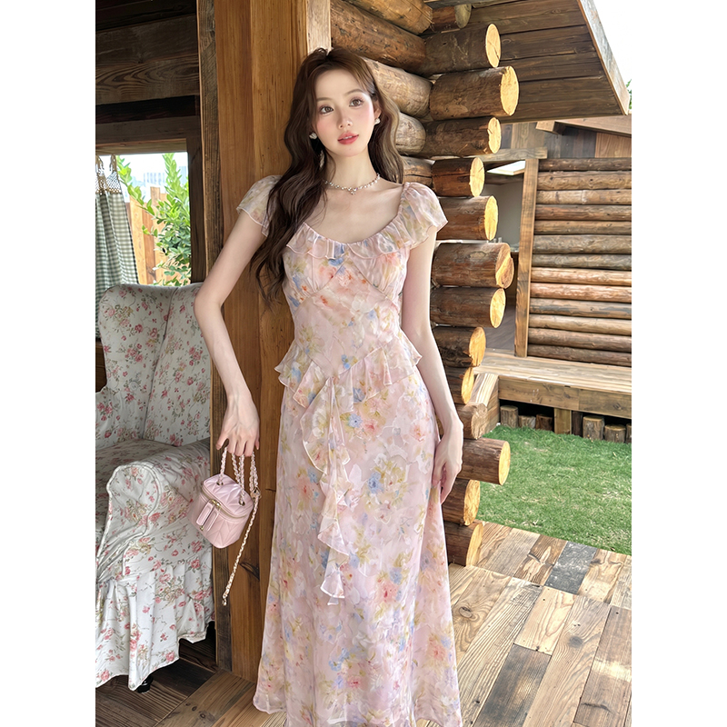 Short sleeve floral chiffon romantic dress for women
