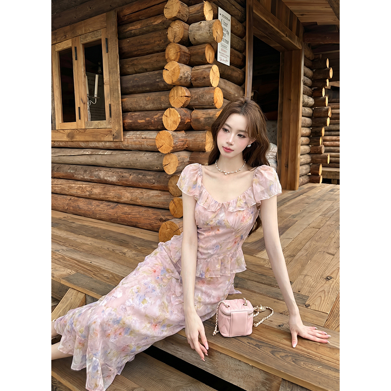 Short sleeve floral chiffon romantic dress for women