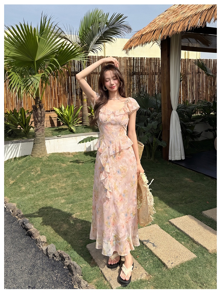 Short sleeve floral chiffon romantic dress for women