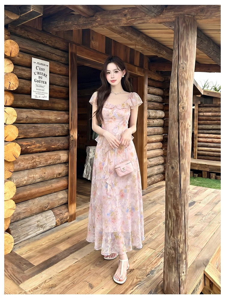 Short sleeve floral chiffon romantic dress for women