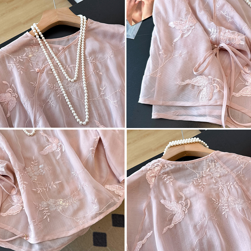 Slim summer light shirt embroidered retro tops for women