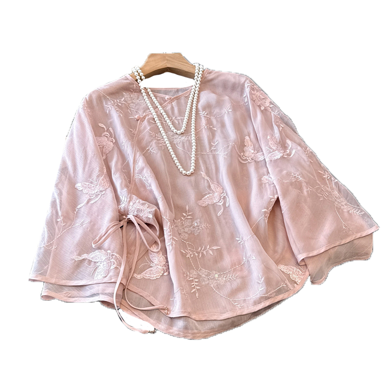Slim summer light shirt embroidered retro tops for women