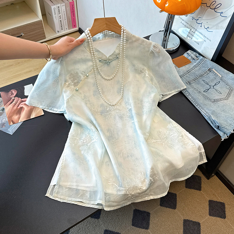 Chiffon embroidery light small shirt summer thin tops