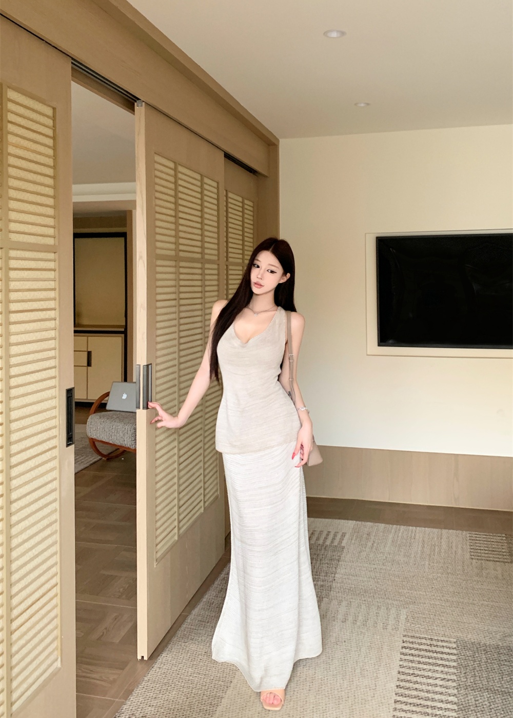 Retro high waist skirt sling short skirt 2pcs set