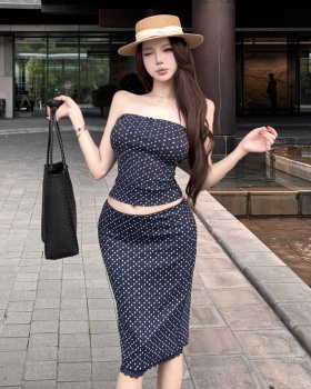 Drape navy-blue vest summer short skirt 2pcs set for women