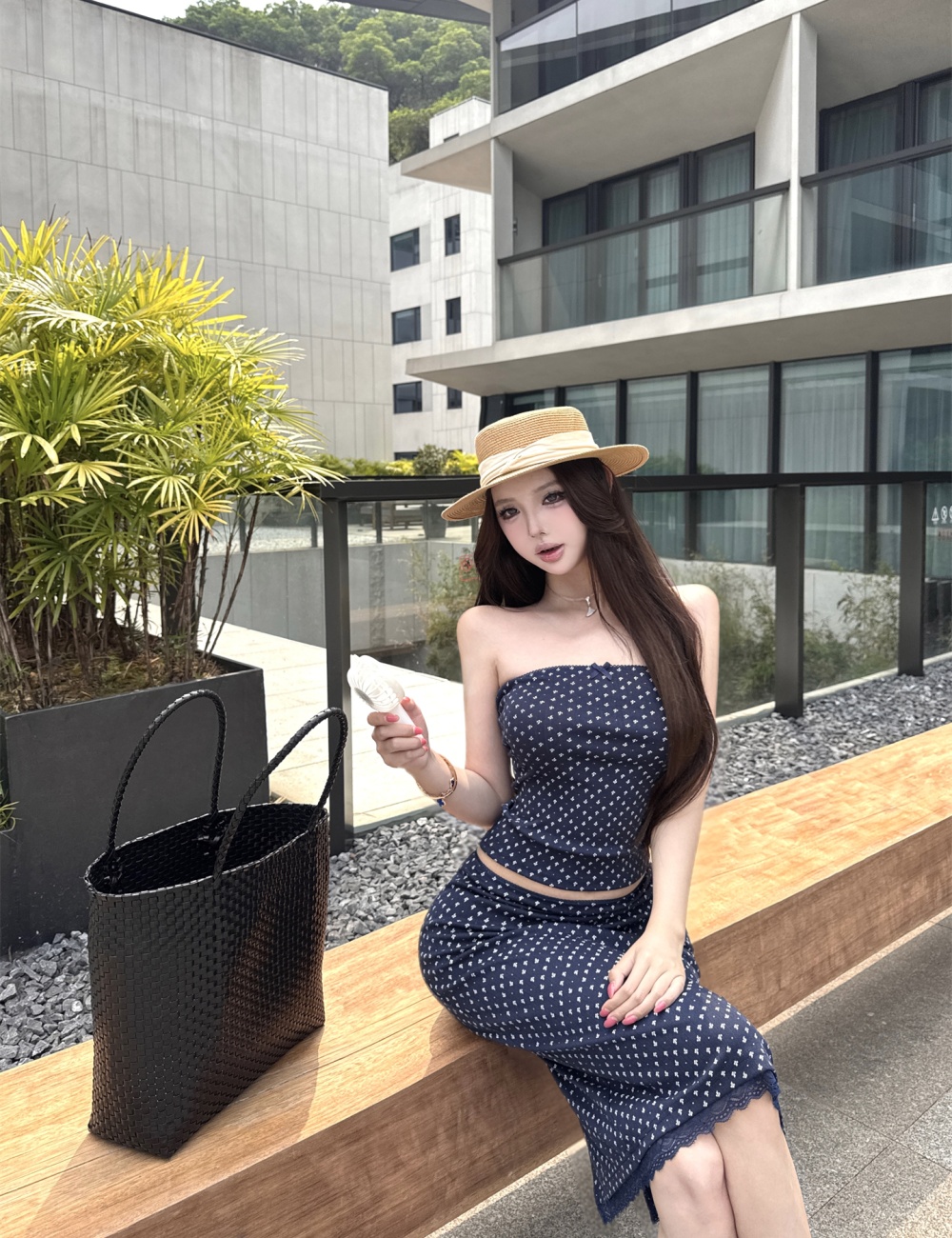 Drape navy-blue vest summer short skirt 2pcs set for women