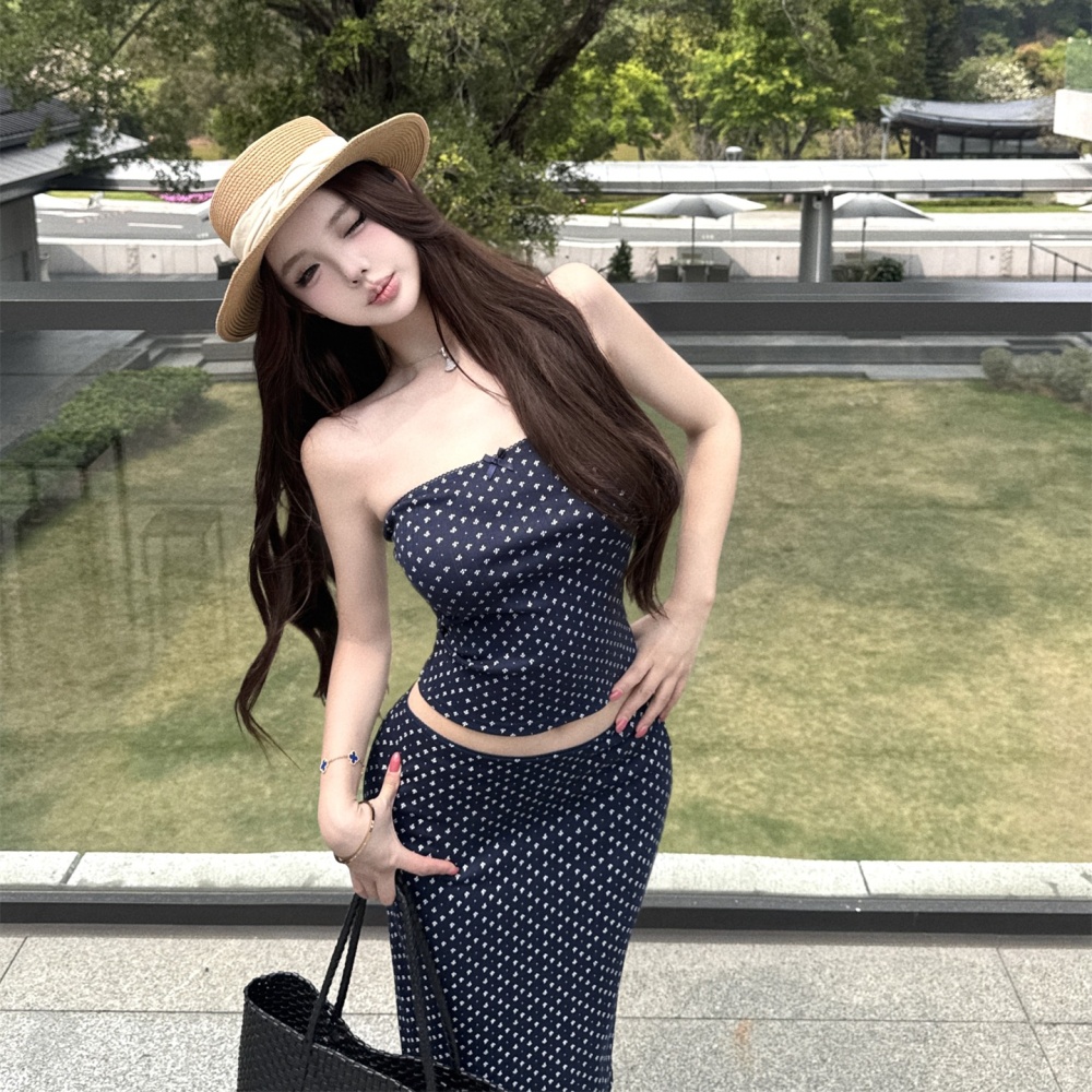 Drape navy-blue vest summer short skirt 2pcs set for women