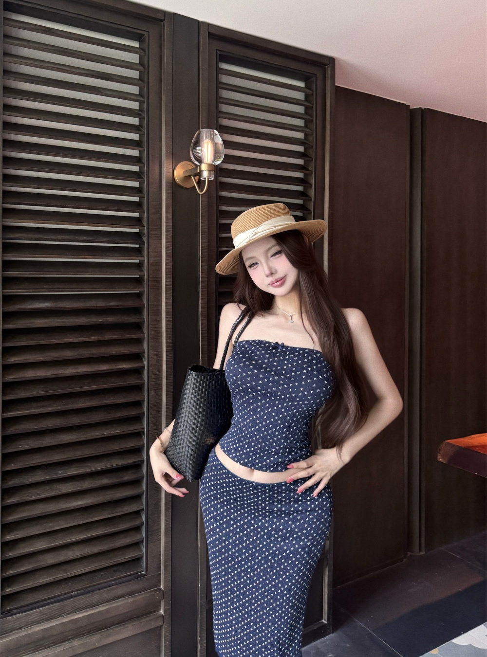 Drape navy-blue vest summer short skirt 2pcs set for women