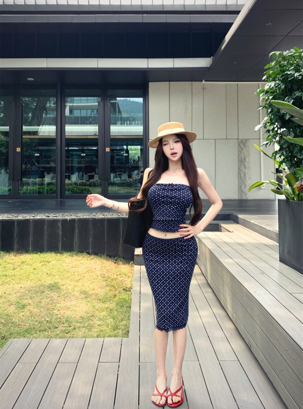 Drape navy-blue vest summer short skirt 2pcs set for women