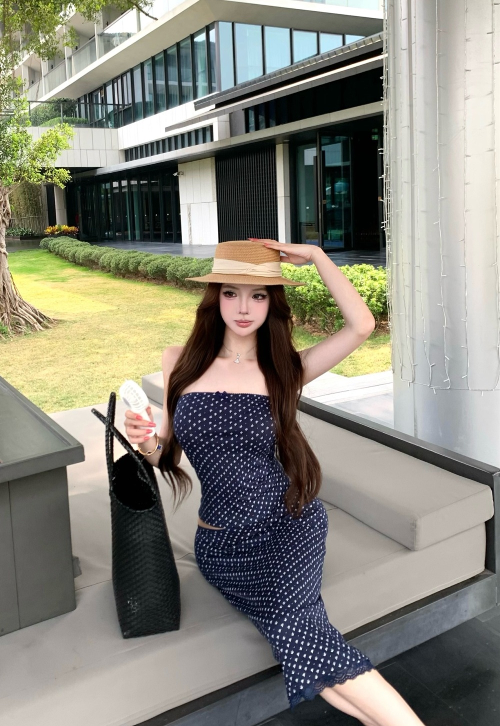 Drape navy-blue vest summer short skirt 2pcs set for women
