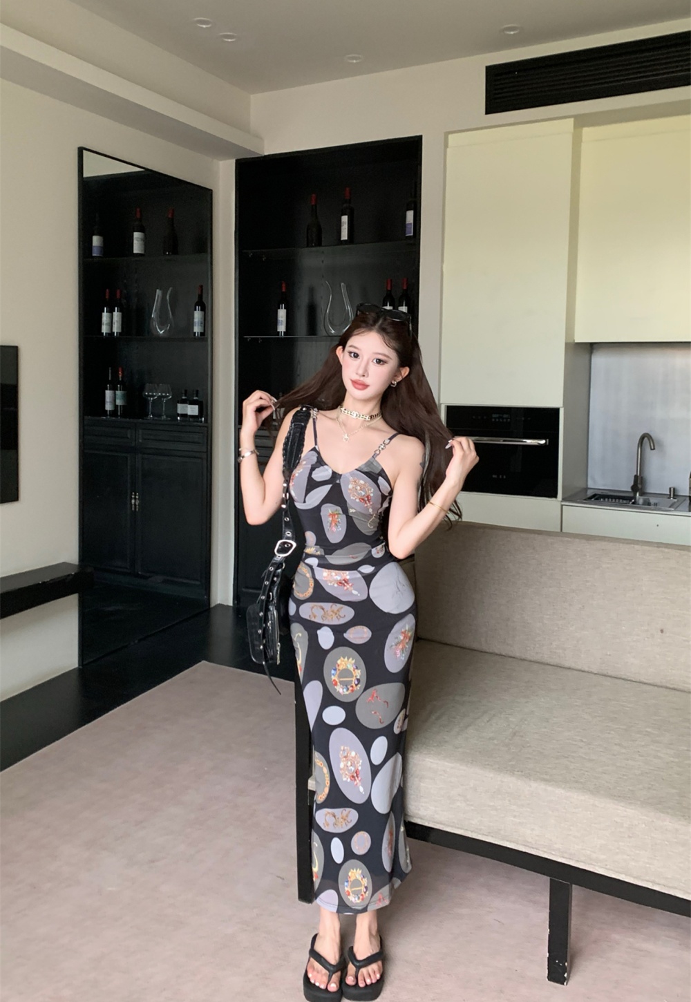 Pinched waist retro long dress sling corset for women