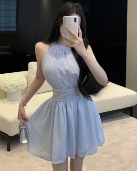Halter summer pinched waist chiffon hollow sexy dress