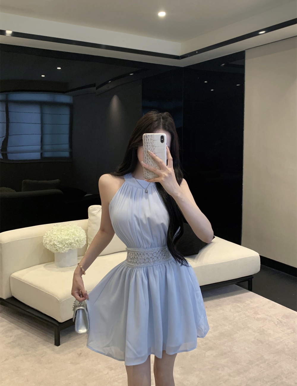 Halter summer pinched waist chiffon hollow sexy dress