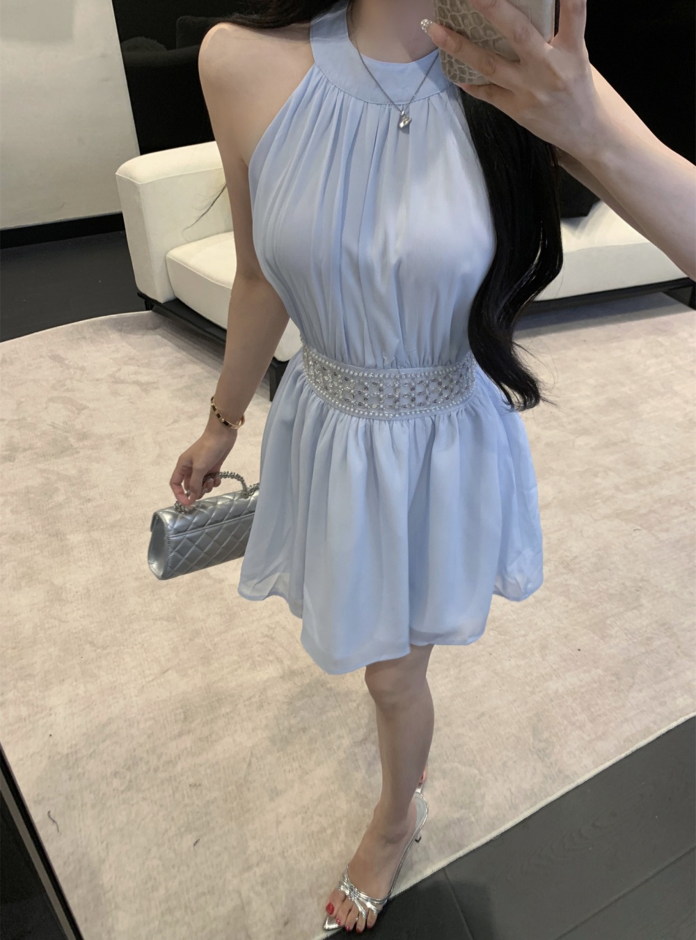 Halter summer pinched waist chiffon hollow sexy dress