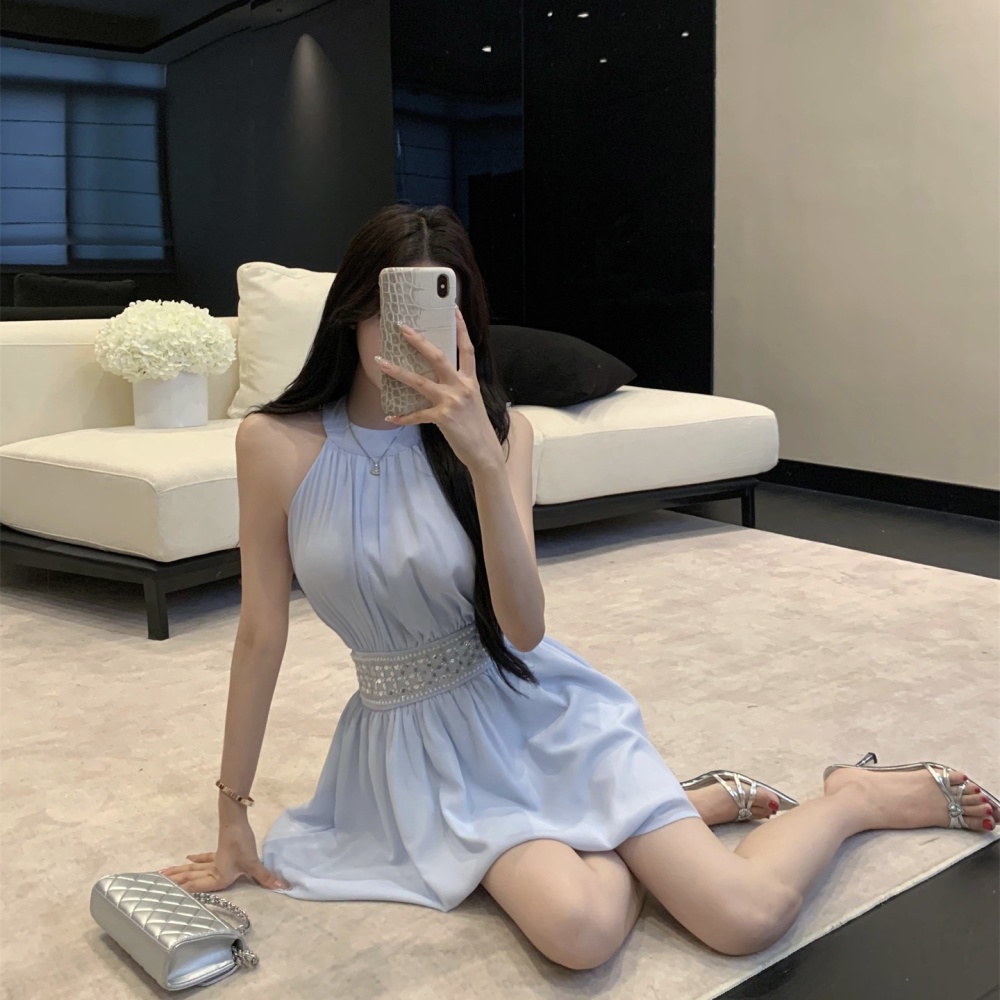 Halter summer pinched waist chiffon hollow sexy dress
