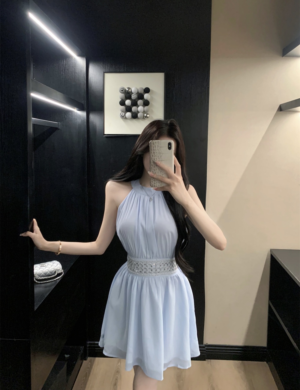 Halter summer pinched waist chiffon hollow sexy dress